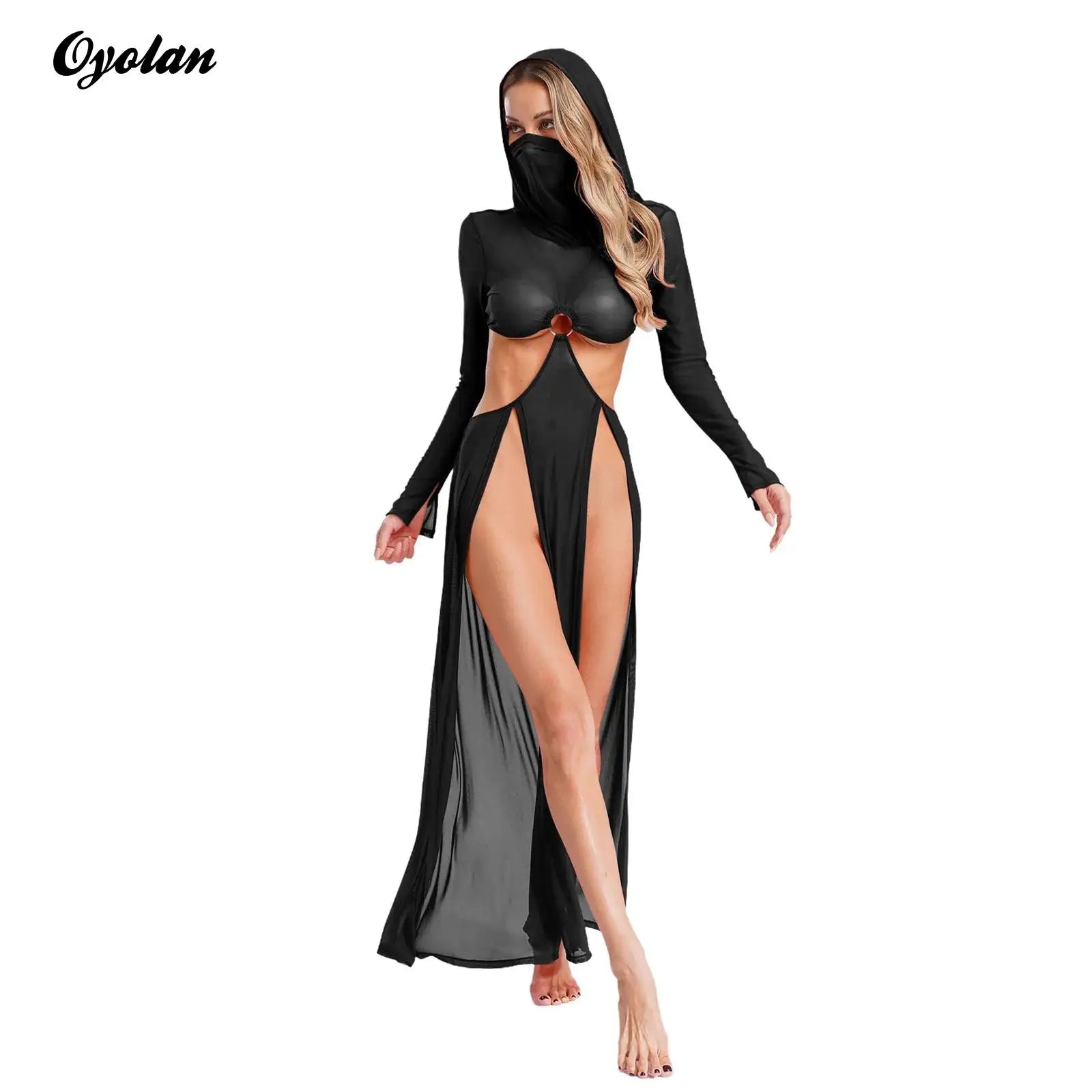Women Sheer Dress with Hooded Face Mask Maxi High Slit Sexy Mesh Dress Long Sleeves Hollow Out Sheer Dress Cover Up Swimwear